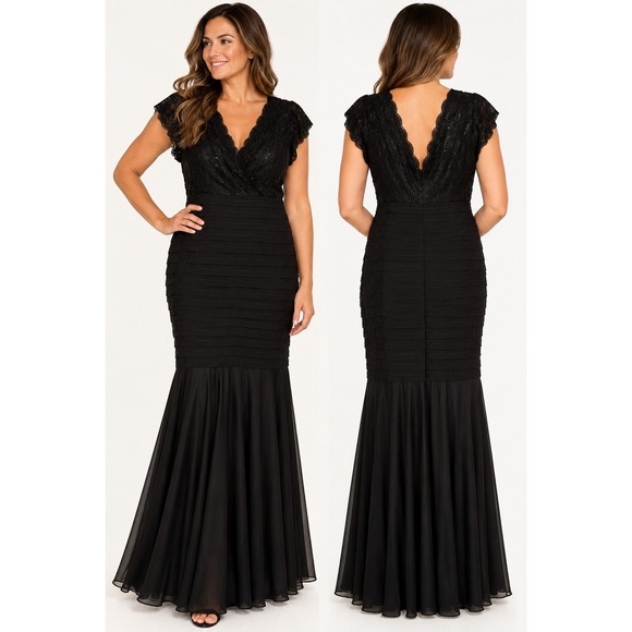 Betsy & Adam Dresses & Skirts - Betsy & Adam 14W Black Lace Sequin Tiered Mermaid Evening Gown Dress 042424W
